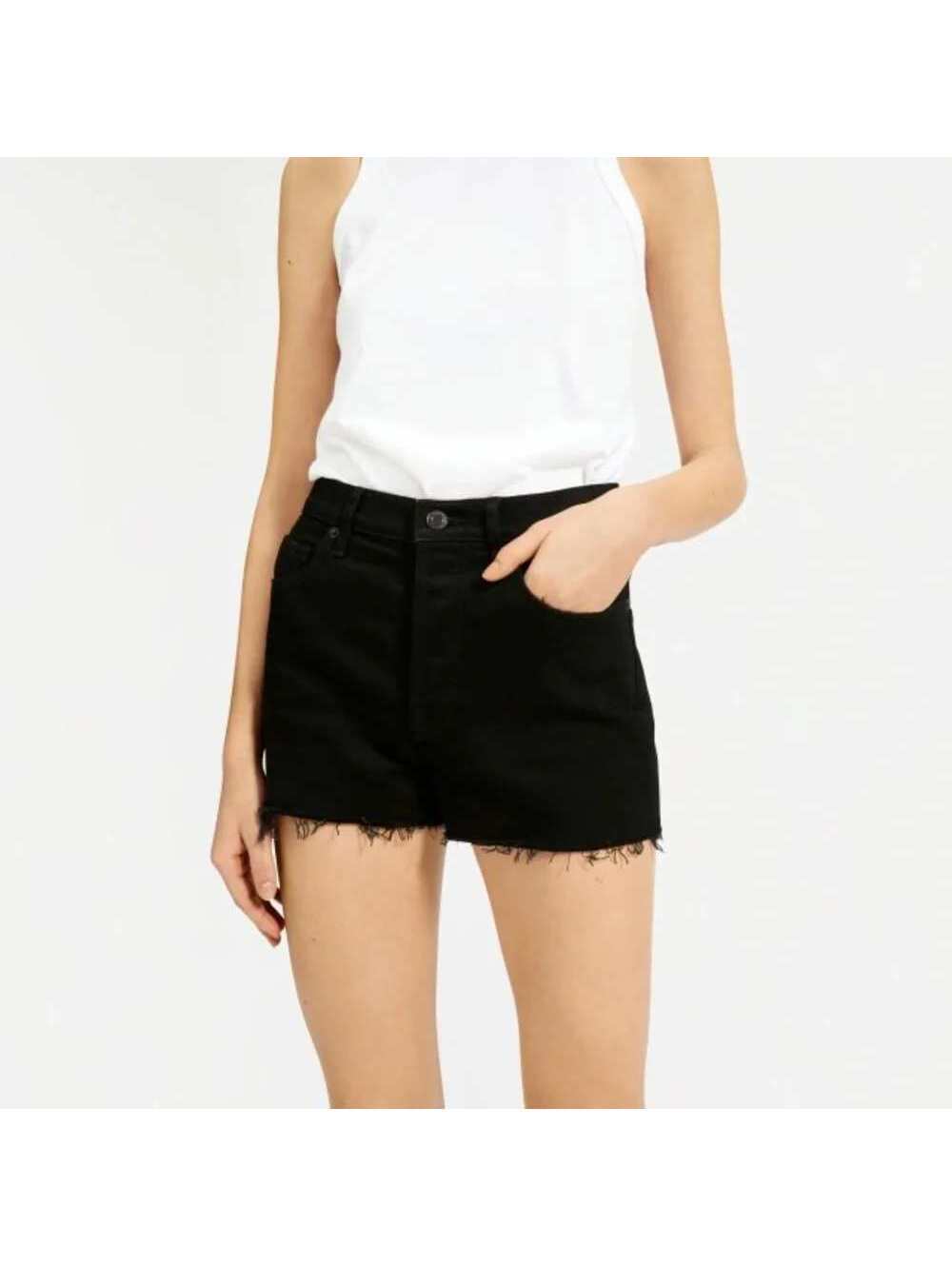 Evereve Women’s Cheeky Mid Rise Denim Black Cut Off Shorts Sz 28